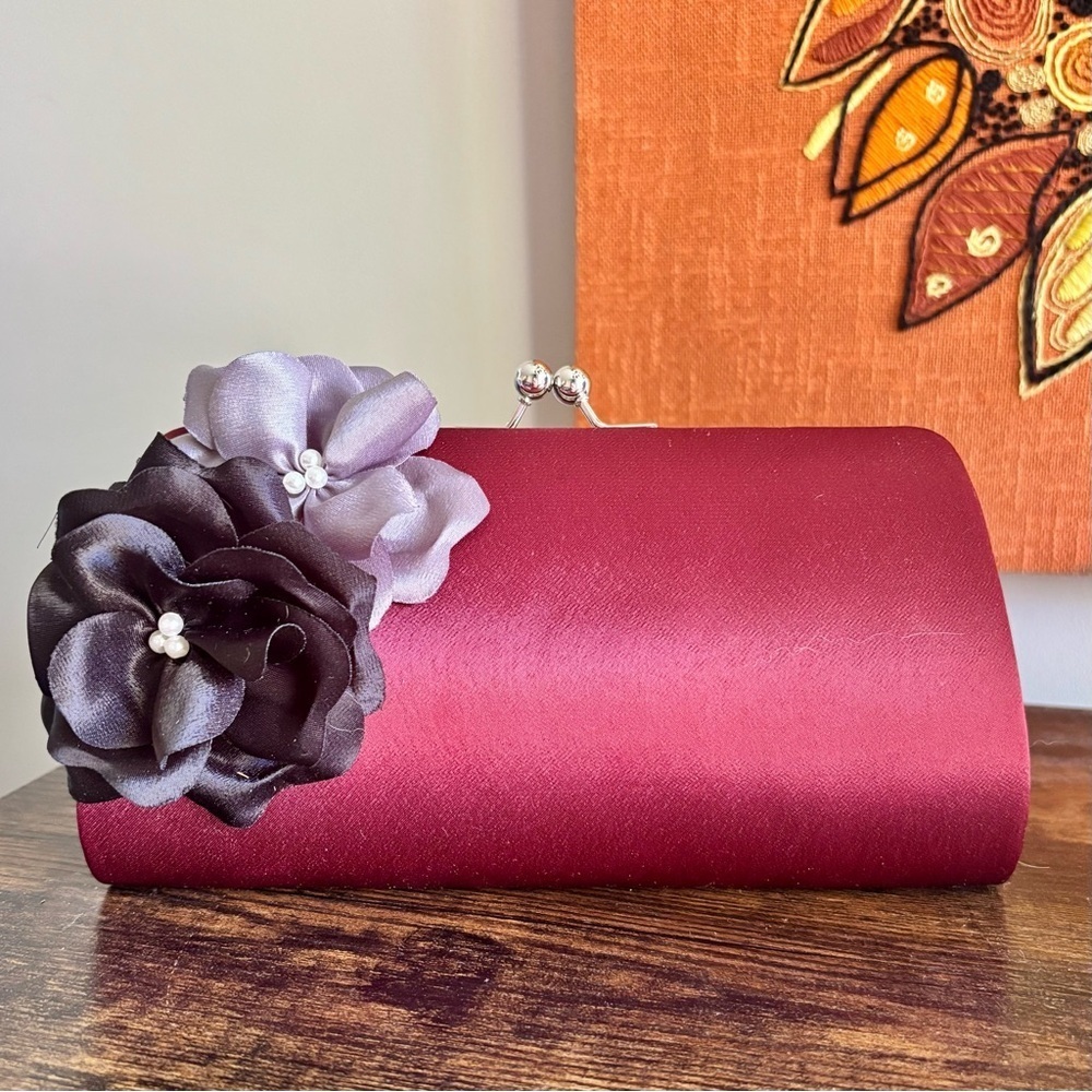 Unbranded| Burgundy Grey Evening Clutch w/Pearl & Floral Accents Grad Wedding